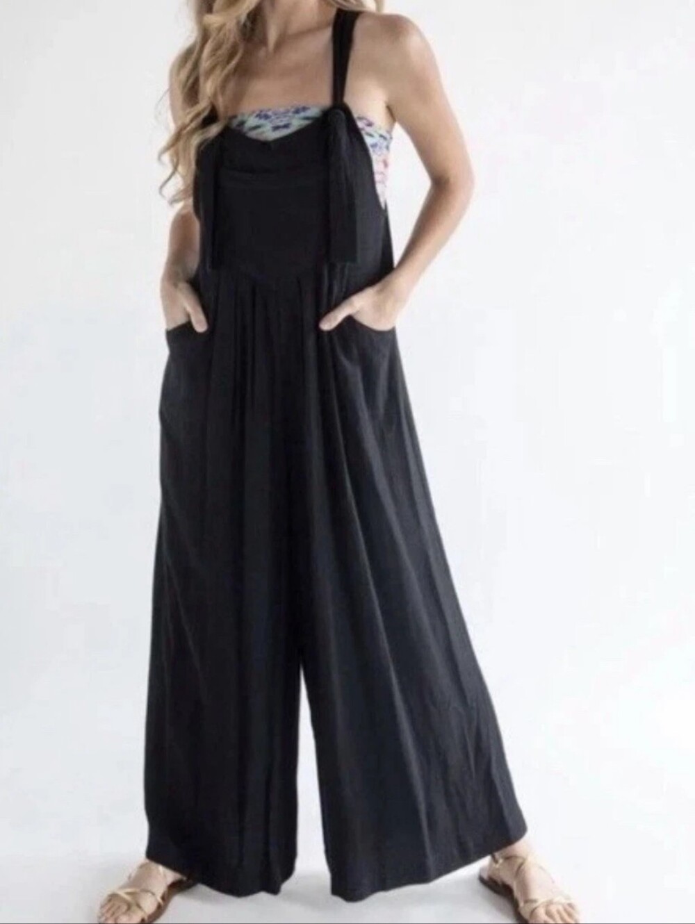 NATURAL LIFE Black Wide-Leg Tie-Strap Jumpsuit with Pockets- Carrington!